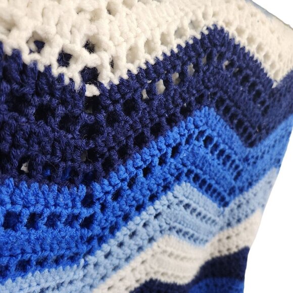 Vintage Crochet Afghan Blanket Handmade Canada Blue Chevron 72” Square Coastal - Picture 4 of 5